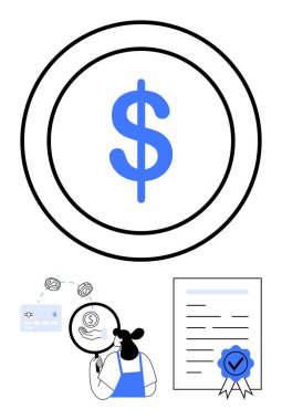 Dollar sign in center with magnifying glass, credit card, and verified document. Ideal for finance security, banking, audits, identity verification, financial confidence, transaction safety clipart