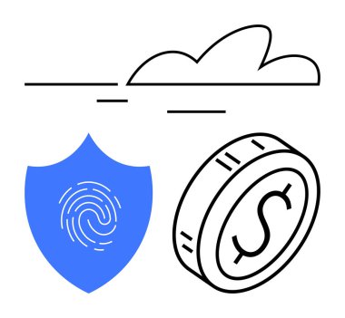 Üzerinde parmak izi olan mavi kalkan dolar işareti olan bozuk para ve bulut çizgisi. Finans, güvenlik, kripto para birimi, fintech, bulut teknolojisi, dijital dönüşüm soyut çizgi düz metaforu için ideal