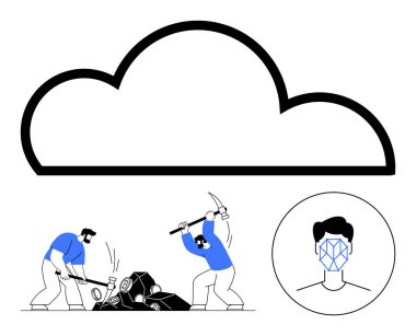 Cloud icon above two workers mining data blocks with tools and profile featuring facial recognition grid. Ideal for AI, data analysis, cloud computing, cybersecurity, teamwork, digital innovation clipart