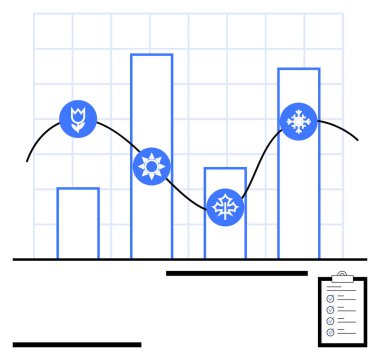 Mevsimlik simgelere sahip bar tablosu, eğilimleri gösteren veri çizelgesi, şebeke arkaplanı, listeli pano. Analiz, iklim eğilimleri, raporlar, tahminler, eğitim görselleştirme soyut çizgisi için ideal