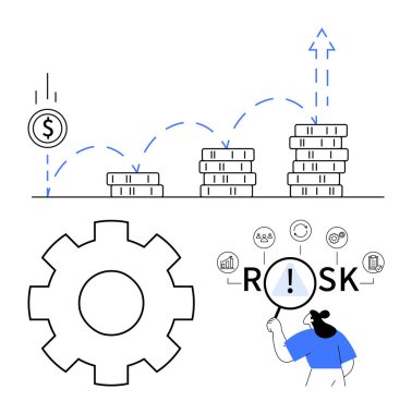 Oklarla büyüyen bozuk paralar, büyük teçhizatlar, büyüteçle RISK 'i analiz eden insanlar. Finans, iş stratejisi, risk yönetimi, yatırımlar, ekonomi, analitik soyut çizgi için ideal