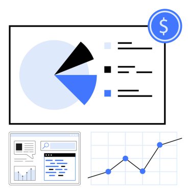 Finansal verilerin, eğilimlerin ve büyüme istatistiklerinin izlenmesi için turta grafiği, çizgi grafiği ve web analiz arayüzü. İş analitiği, ekonomi, pazarlama, strateji planlama verileri için ideal