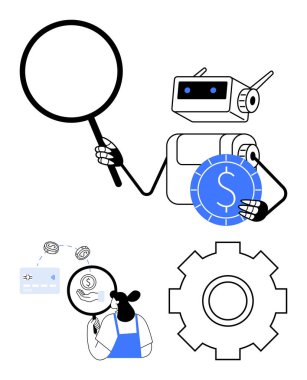 Yapay zeka robotunun elinde büyüteç ve madeni para sembolü var, finansal konsepti inceliyor. İnsanlar ödeme detaylarını tarıyor, işlemler için teçhizat. Fintech, otomasyon, yapay zeka, finans, teknoloji yeniliği için ideal