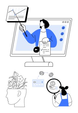 Sunucu ekrandaki verileri işaretleyici ile analiz ediyor, çiçeklerle yaratıcı düşünce ve mali müşavirlik yapıyor. Eğitim, iş dünyası, yaratıcılık, finans, çevrimiçi öğrenme, zihinsel