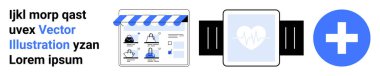 Alışveriş penceresi olan dijital vitrin, kalp ikonu gösteren akıllı kaset, sağlık hizmetini gösteren tıbbi sembol. E-ticaret, sağlık, teknoloji, fitness, online alışveriş, teletıp için ideal