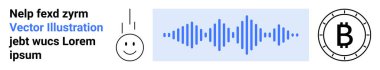 Mavi bir ses dalgası, üzerinde ok olan gülümseyen bir yüz ve siyah para arkaplanda Bitcoin sembolü. Teknoloji, kripto para birimi, ses mühendisliği, dijital pazarlama, UXUI için ideal