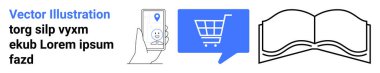 Akıllı telefon konum şifresini gösteriyor, alışveriş arabası ikonu sohbet balonunda, açık kitap. Mobil uygulamalar, e-ticaret, eğitim, navigasyon, minimalist tasarım, teknolojik girişimler, modern estetik için idealdir. İniş