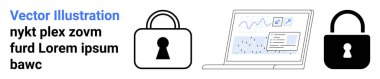Metin Vektörü İllüstrasyonu, nykt plex zovm furd Lorem ipsum bawc. İki asma kilit ve ekranında analitik ve grafikler olan bir laptop. Siber güvenlik, veri koruması, mahremiyet ve güvenlik için ideal
