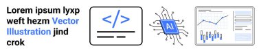 Kodlama, yapay zeka çipi ve veri analiz çizelgeleri. Teknoloji, programlama, yapay zeka, veri bilimi, makine eğitimi, büyük veriler ve analitik için ideal. İniş sayfası