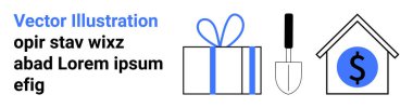 Kurdeleli bir hediye kutusu, bir kürek ve dolar sembollü bir ev. Yatırım, ödül, bahçıvanlık, ev dekorasyonu, tasarruf gayrimenkulleri ve finansal planlama için ideal. İniş sayfası