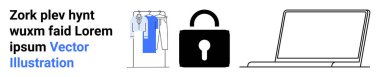 Dizüstü bilgisayarın yanında asma kilit ve askılarda giysi. E-ticaret, siber güvenlik, çevrimiçi gizlilik, perakende koruma, veri güvenliği, güvenli işlemler, dijital piyasa için ideal. İniş sayfası