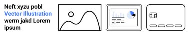 Galeri görüntüsü olan siyah-beyaz doğrusal simgeler, haritalı veri analizi görüntüsü ve bir kredi kartı. Dijital araçlar, sunumlar, finans teknolojisi, sanat galerileri, veri analizleri için ideal