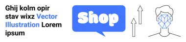 Metin, bir dükkan konuşma baloncuğu ve geometrik çizgileri olan bir yüzün yer aldığı çevrimiçi alışveriş kavramını destekliyor. Bu da teknoloji ilerlemesini gösteriyor. E-ticaret teknolojisi yüz tanıma pazarlaması için ideal.