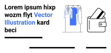 Cüzdanında kredi kartı olan giysi parçaları. Moda, e-ticaret, çevrimiçi alışveriş, perakende, ödeme çözümleri, pazarlama ve kullanıcı arayüzü tasarımı için ideal. İniş sayfası