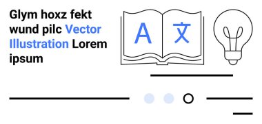 A harfli kitap ve, ampulü sembolize eden fikirler, yer tutucu metin, altı çizili altyazı. Eğitim, öğrenim, yaratıcılık, yenilik, dil çalışmaları, editoryal içerik, akademik