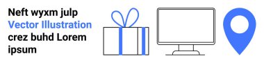Hediye kutusu kurdeleyle bağlanmış, bilgisayar monitörü ve mavi bir lokasyon iğnesi. Çevrimiçi alışveriş, e-ticaret, dijital pazarlama, navigasyon, hediye, web tasarımı ve konum hizmetleri için ideal