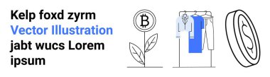 Bitcoin büyümesi kavramları, bitki metaforu, bozuk para engelleme ve elbise askılığında sürdürülebilir moda. Finans, kripto para birimi, yatırım, teknoloji, sürdürülebilirlik, çevre dostu