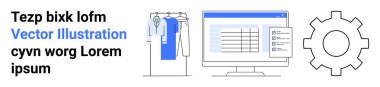 Bir bilgisayar ekranının yanında giysi askısı ve yanında bir vites simgesi ve yer tutucu metni olan bir tablo. E-ticaret, perakende, moda, teknoloji, kullanıcı arayüzü, iş için ideal