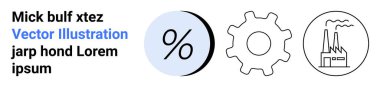 Yüzde sembolü, dişli ikonu ve fabrika vektörü. Finansal analiz, iş planları, mühendislik içeriği, üretim süreçleri, endüstriyel web siteleri, ekonomik raporlar, şirket broşürleri için ideal