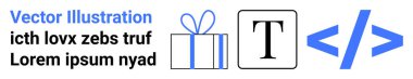 Hediye kutusu, tipografik T ve kod / parantez sembollerinin yanında metin tasarım elemanlarını vurgular. Web geliştirme, tipografi, kodlama, hediye, eğitim, görsel iletişim arayüzü için ideal