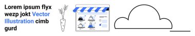 Yapraklı havuç, avatarlı ve mavi tenteli bir vitrin, bir bulut çizgisi ve karışık yazı tipleri ve renkte yer tutucu metin. E-ticaret, tarım, bulut teknolojisi, yaratıcılık ve pazarlama için ideal