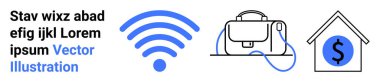 Kablosuz sinyal sembolü, kablolu çanta ve dolar işaretli ev. İş için ideal, bağlantı, finans, teknoloji, gayrimenkul, evden çalışma, uzak işler. İniş sayfası