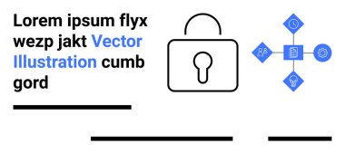 Bağlı ağ ögeleri, yer tutucu metin ve mavi aksanlı merkezi kilit simgesi. Siber güvenlik, veri koruması, güvenli bağlantılar, bilişim hizmetleri, çevrimiçi güvenlik, web tasarımı ve uygulama için ideal