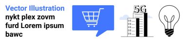 Konuşma baloncuğunun içindeki alışveriş arabası, 5G mesajı olan binalar, ampul. E-ticaret, teknoloji yenilikleri, modern iletişim, çevrimiçi alışveriş, akıllı şehirler, yeni teknoloji kavramları için ideal