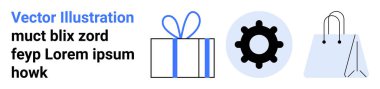 Mavi aksanlı hediye kutusu, siyah dişli ve açık mavi alışveriş çantasının vektör grafiği. İş, e-ticaret, teknoloji, pazarlama, online alışveriş tatili promosyonları için ideal. İniş sayfası