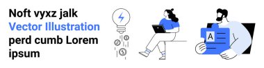 Dizüstü bilgisayar ve tablet kullanan karakterler, para birimi sembollü ampul ve metin. İş, yenilik, finans, takım çalışması, teknoloji, yaratıcılık ve dijital çözümler için idealdir. İniş sayfası