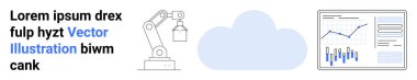 Robot kol tutucu, bulut şekli, grafikli veri analiz paneli. Akıllı üretim, IoT, otomasyon, veri görselleştirme, bulut teknolojisi, sanayi 4.0, modern endüstri eğilimleri için ideal
