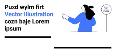 Mavi tişörtlü bir kadın biyolojik sembolü işaret ediyor, metin bloklarının yanına yerleştirilmiş, yer tutucu metni olan. Çevre dostu, eğitici, bilgilendirici, sağlık, sürdürülebilirlik ve duyuru için ideal