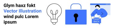 Fikir öneren ampul, güvenlik için mavi asma kilit, nakit para çekme işareti tutan kişi, web arayüzü penceresi. E-ticaret, teknoloji, finans, çevrimiçi güvenlik, girişimler, pazarlama, eğitim için ideal