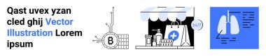 Bitcoin sembolü, çevrimiçi dükkan ve akciğerli sağlık tablosu gibi çeşitli unsurlar. Finansal web siteleri, e-ticaret platformları, sağlık sektörleri, eğitim kaynakları ve teknoloji için ideal