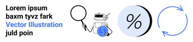 Robot elinde büyüteç ve bozuk para, büyük bir yüzdelik sembol ve mavi dairesel oklar tutuyor. Finans, veri analizi, otomasyon, tasarruf, istatistik, optimizasyon ve teknoloji için ideal. İniş sayfası