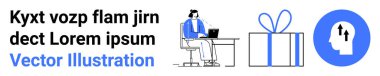 Ofis çalışanı, dizüstü bilgisayar, büyük hediye kutusu ve büyümeyi gösteren oklarla masasında oturuyor. Ticari yenilik için ideal, kurumsal ödüller, üretkenlik, zihinsel gelişim, çalışan