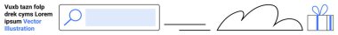 Arama sembolü olarak büyüteç bir buluta ve paketlenmiş bir hediye kutusuna açılıyor. Veri araması, bulut hesaplama, çevrimiçi ödüller, verimlilik, bulut güvenliği, dijital çözümler, kullanıcı yardımları için ideal