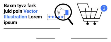 Mavi tebligatlı siyah beyaz alışveriş arabası, büyüteç, yıldız puanı ve yer tutucu mesajı gösteriyor. E-ticaret, çevrimiçi alışveriş, derecelendirme sistemi, müşteri değerlendirmesi, arama için ideal