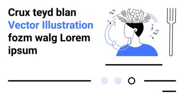 Müzik notaları ve çiçeklerle çevrili, kulaklık takıyor. Çatal kenarda, soyut metin elementleri. Müzik, farkındalık, akıl sağlığı, yaratıcılık, rahatlama, botanik temalar için idealdir. İniş