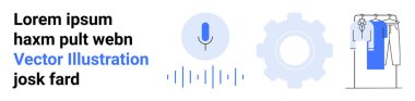 Metin elemanları ve üç ikon, ses dalgalı bir mikrofon, dişli çark ve elbiseli bir gardırop. Teknoloji, ayarlar, ses kontrolü, ses kontrolü, giyim organizasyonu için ideal