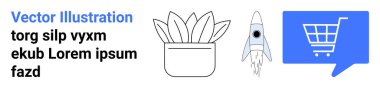 Büyük yapraklı saksı bitkisi, alevli basit roket, mavi konuşma balonunda alışveriş arabası. Web tasarımları, sunumlar, e-ticaret, eko-temalı projeler, uzay temalı projeler için ideal