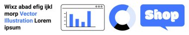 Veri grafiği, segmentli daire çizelgesi ve çeşitli mavi ve gri renklerde dükkan simgesi. E-ticaret, veri analizi, iş sunumları, pazarlama stratejileri ve mali raporlar için ideal. Pankart