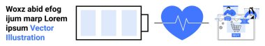 Şarj edilmiş pil, kalp atışı ikonu ve kullanıcılarla online alışveriş arayüzü. Teknoloji, sağlık izleme, E-ticaret, enerji, dijital etkileşim kullanıcı deneyimi için idealdir. İniş