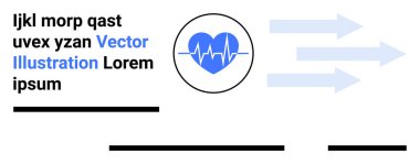 Mavi kalp, çemberde ECG çizgisi, sağa bakan açık mavi oklar, siyah örnek metin, üç siyah altı çizili. Sağlık siteleri, tıbbi uygulamalar, sunumlar, raporlar, reklamlar için ideal