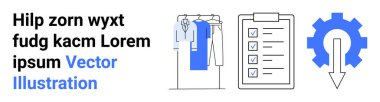 Askıda giysi, işaretli eşyalarla kontrol listesi, aşağı doğru oklu mavi dişli. Üretkenlik, görev yönetimi, verimlilik, planlama, organizasyon hedefi iş akışı için idealdir. İniş sayfası