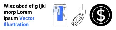 Askıda kıyafet, bozuk para ve dolar sembolü. E-ticaret, perakende, moda endüstrisi, finansal yatırımlar, iş büyümesi online alışveriş pazarlama kampanyaları için idealdir. İniş sayfası