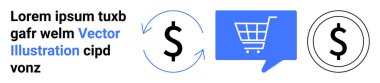 Mavi diyalog kutusunda alışveriş arabası, oklu dolar işaretleri ve daire çizgileri, siyah ve mavi renkler. Çevrimiçi alışveriş, e-ticaret, dijital pazarlama, finansal işlemler, perakende satış, İnternet için ideal