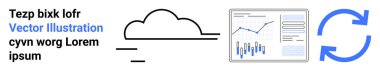 Bulut simgesi, çizgi ve bar grafikleri, mavi senkronize oklar ve lorem ipsum metni içeren analitik gösterge paneli. Veri depolama, bulut hesaplama, analitik, senkronizasyon, kullanıcı arayüzü, teknoloji için ideal
