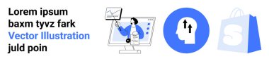 Bilgisayar ekranında büyüme simgeleri ve alışveriş poşeti sembolüyle veri analiz eden birinin görüntüsü. Web siteleri için ideal dijital büyüme e-ticaret iş analizleri ve teknoloji sunumları