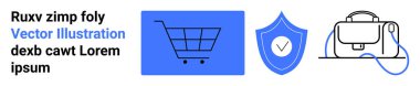 Mavi arka planı olan alışveriş arabası, işaretli güvenlik kalkanı, el çantası. E-ticaret, çevrimiçi perakende, güvenlik, alışveriş uygulamaları, web siteleri, dijital pazarlama, iniş sayfası için ideal